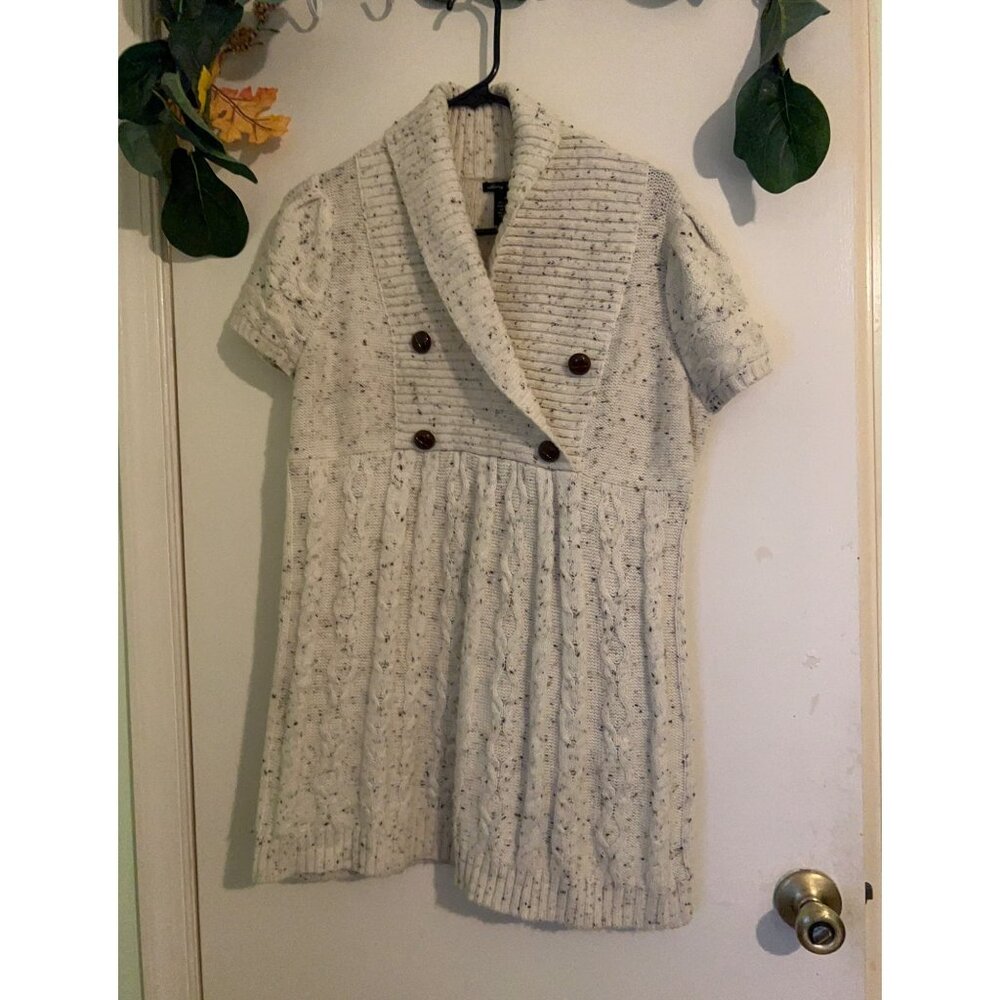 Audrey & Grace XL Sweater Dress Cream Cable Knit Short Sleeve Shawl Collar Butto